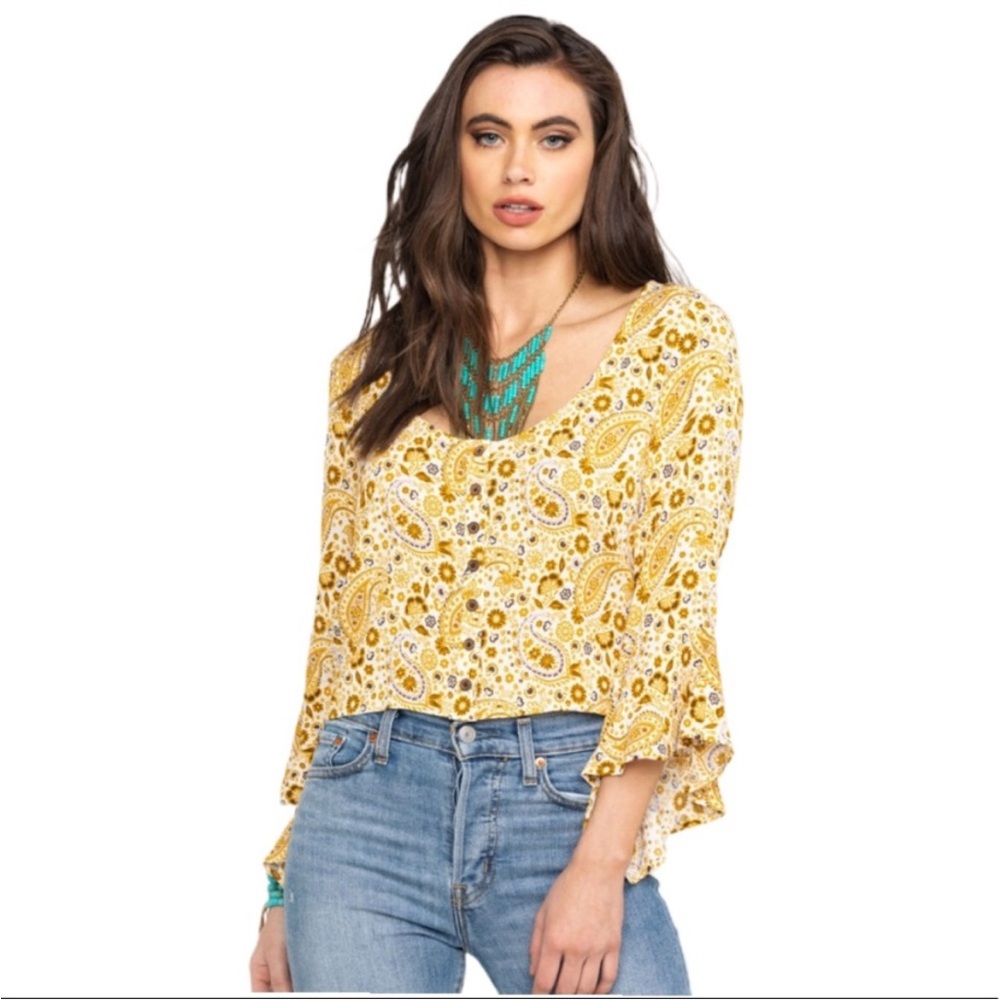 Shyanne Womens XL Bell Sleeve Paisley Print V Neck Button Front Blouse Top